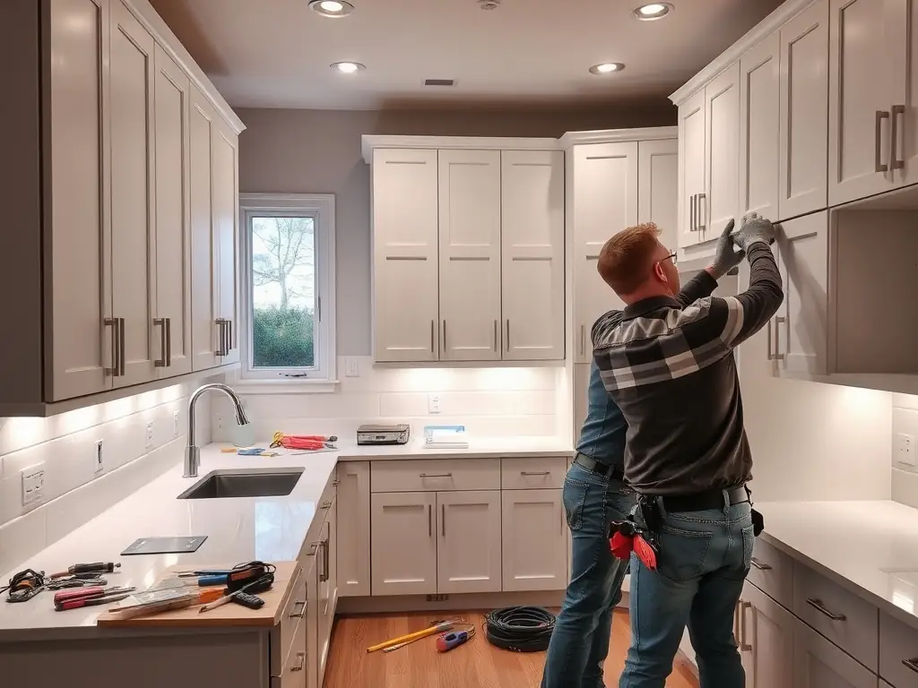 A modern kitchen being renovated, with a TECH-TREE technician installing new cabinets and countertops, showcasing interior renovation services.
