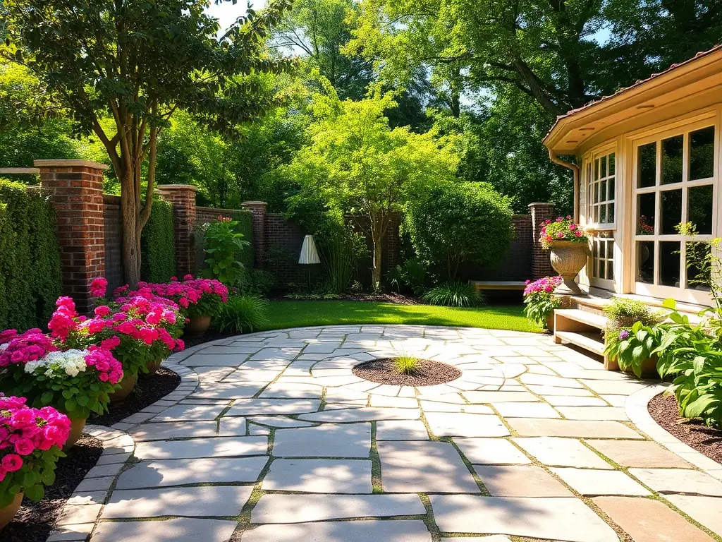 A beautifully paved patio area with outdoor furniture, highlighting TECH-TREE's paving and landscape design capabilities.